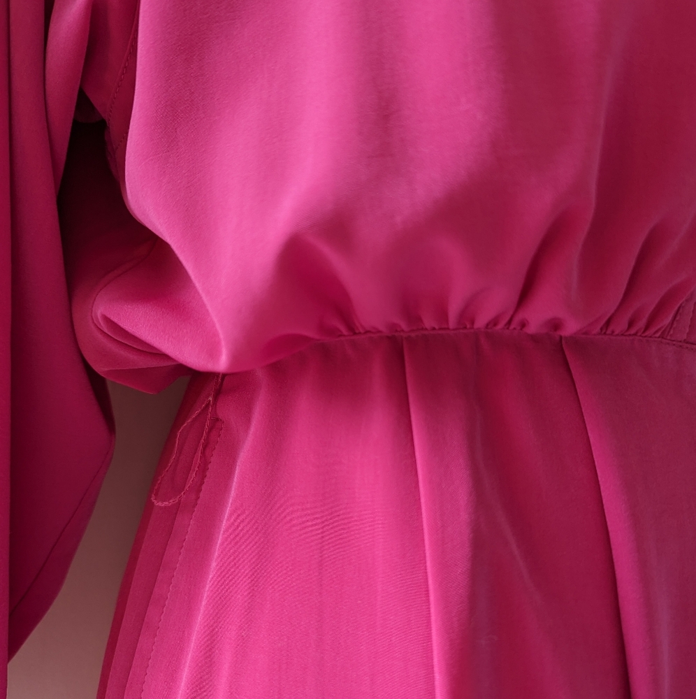 Vintage 1980's Bright Pink Dress Belted Button Down High Neck Pockets Size 10 - Picture 8 of 16